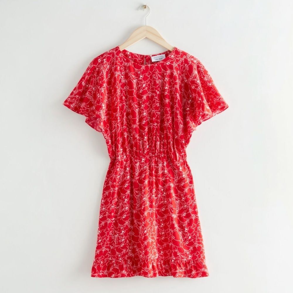 & Other Stories Batwing Sleeve Ruffle Mini Dress Red & White Floral US Size 12